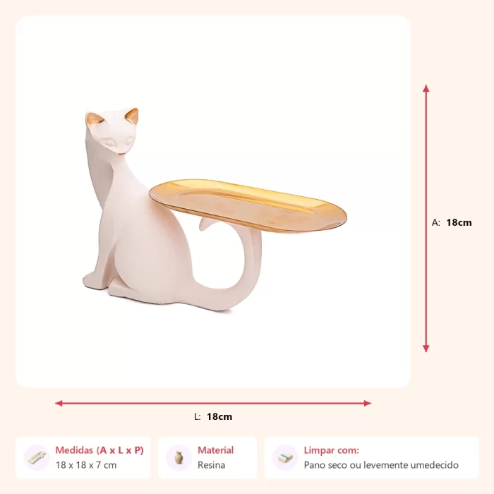 Escultura gato com bandeja creme sentado 18x18x7cm - Imagem 2