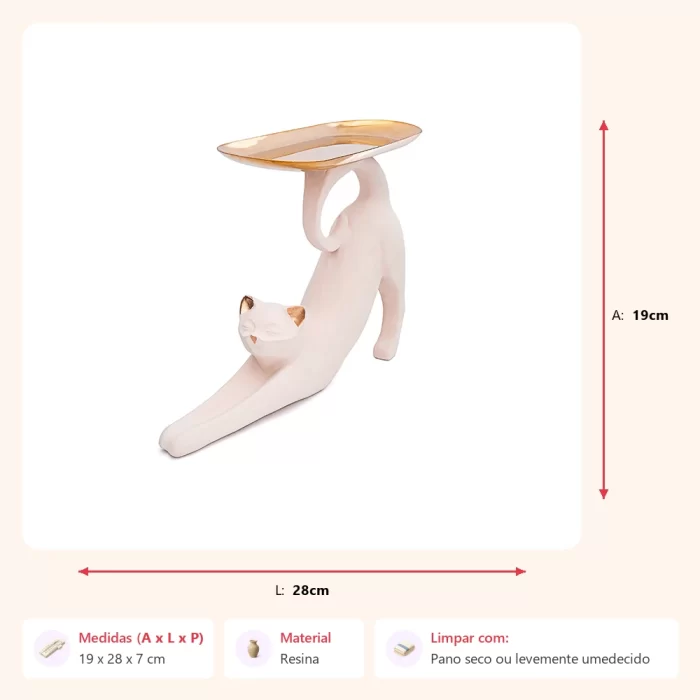 Escultura gato com bandeja creme relax 19x28x7cm - Imagem 2