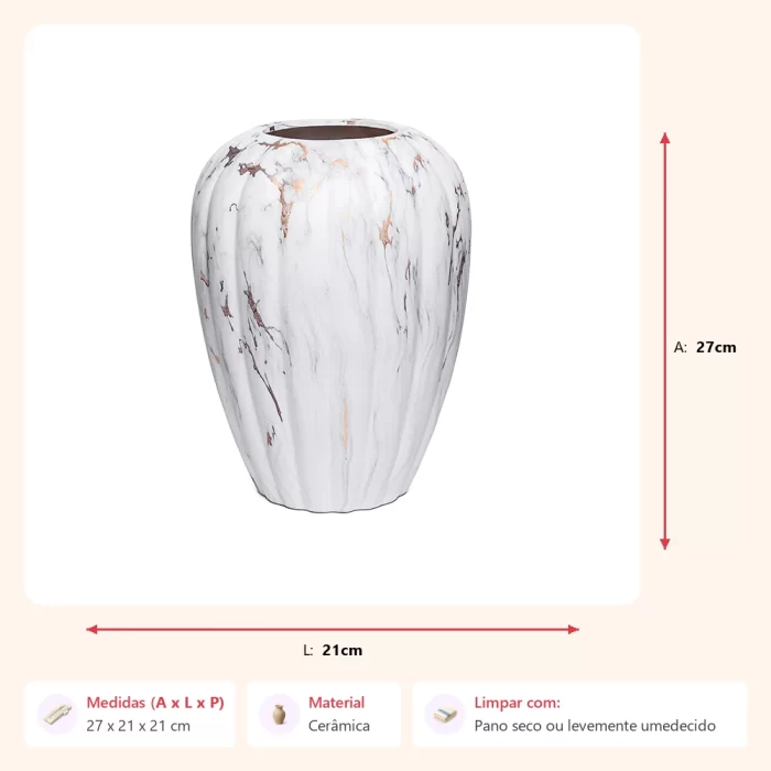 Vaso marmorizado branco/dourado 27x21x21cm - Imagem 2