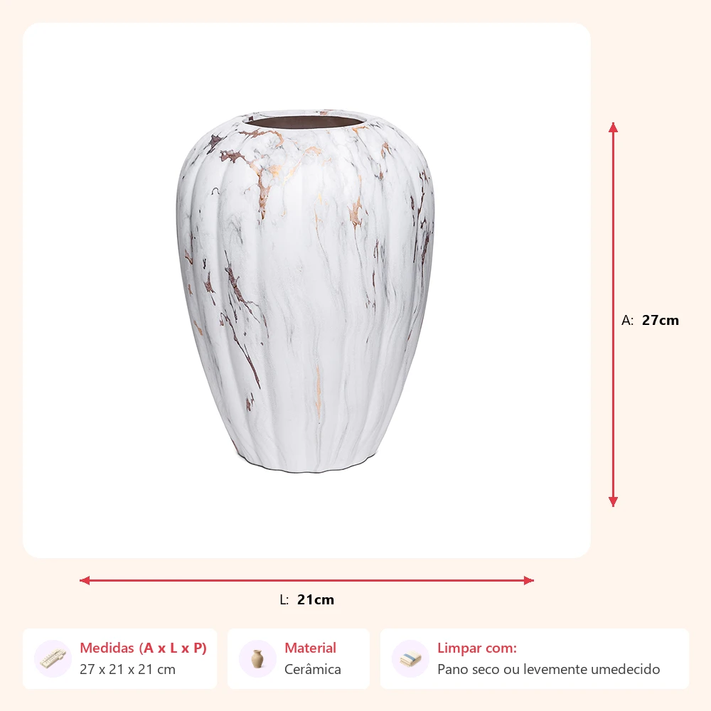 Vaso marmorizado branco/dourado 27x21x21cm - Imagem 2