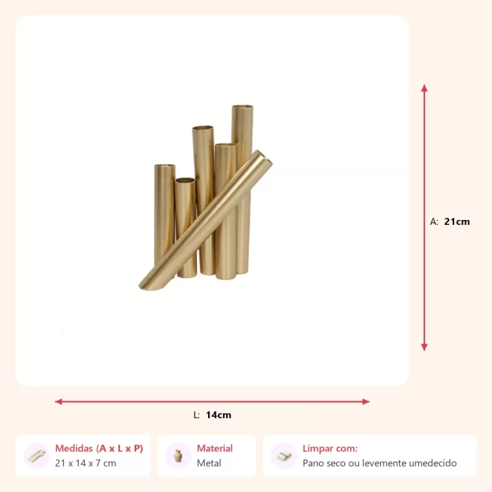Vaso tubes dourado 21x14x7cm - Imagem 2