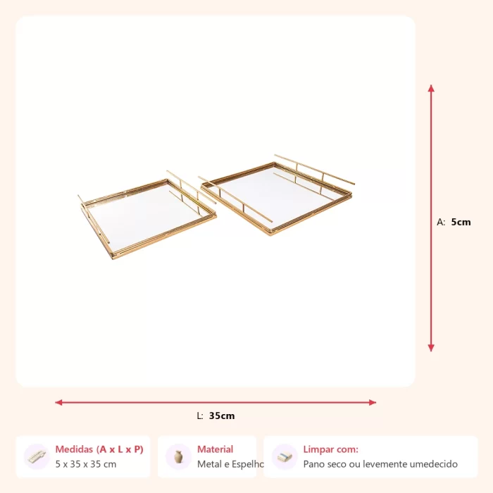 Conjunto de 2 bandejas quadradas douradas 5x35x35cm - Imagem 2