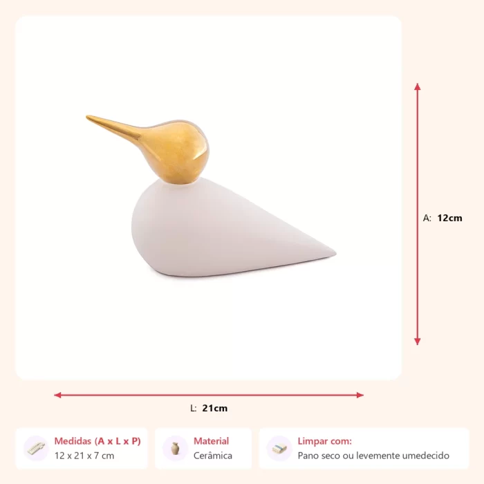 Escultura passaro bege e dourado 12x21x7cm - Imagem 2