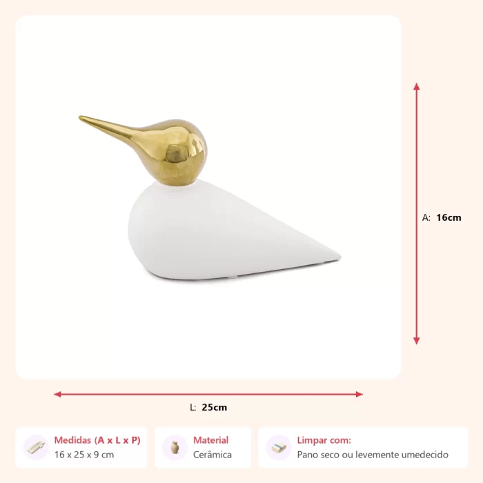 Escultura passaro bege e dourado 16x25x9cm - Imagem 2