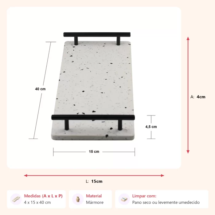 Bandeja com alça de mármore e ferro terrazzo 4x15x40cm - Imagem 2