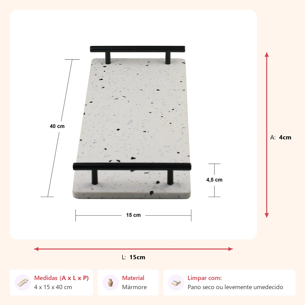 Bandeja com alça de mármore e ferro terrazzo 4x15x40cm - Imagem 2
