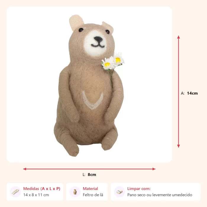 Escultura urso bege feltro 14x8x11cm - Imagem 2