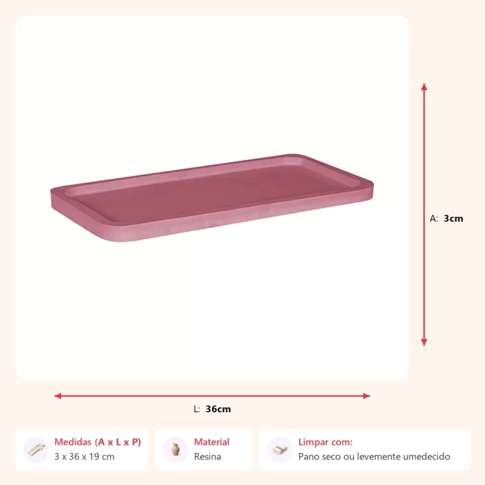 Bandeja borda rasa rosa queimado 3x36x19cm - Imagem 2