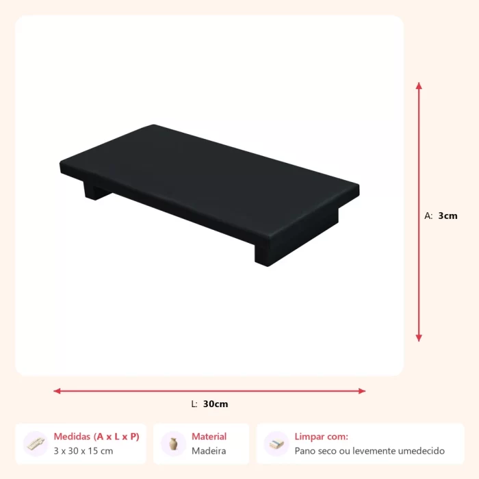 Bandeja pé reto preta 3x30x15cm - Imagem 2