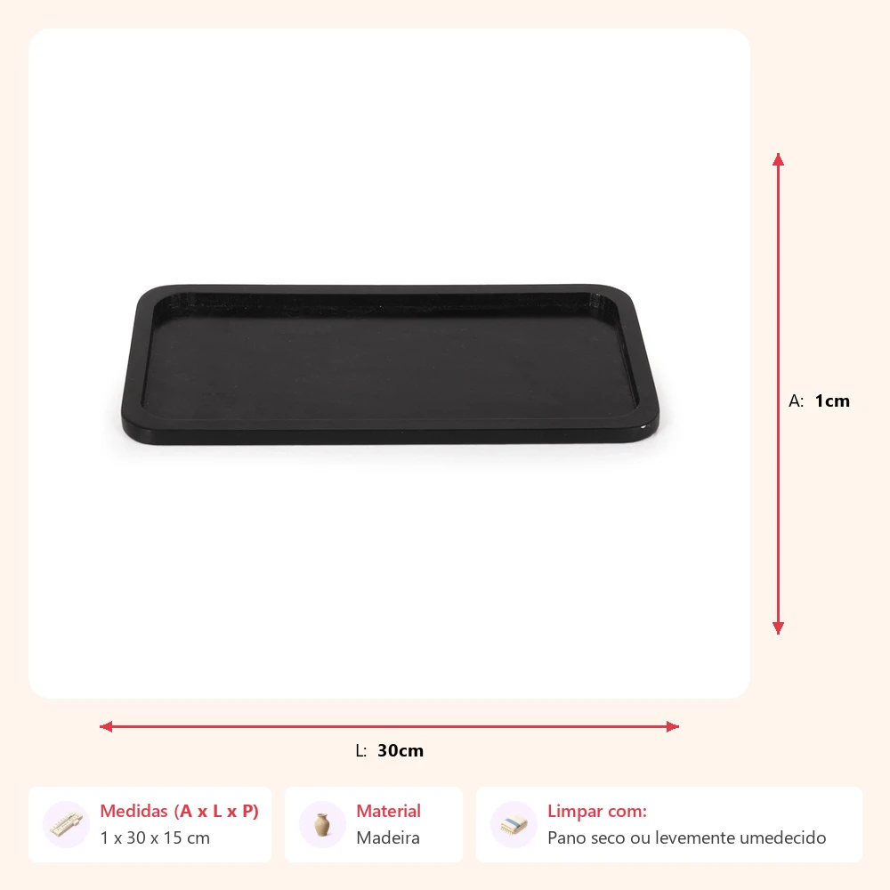 Bandeja borda rasa preta 1x30x15cm - Imagem 2