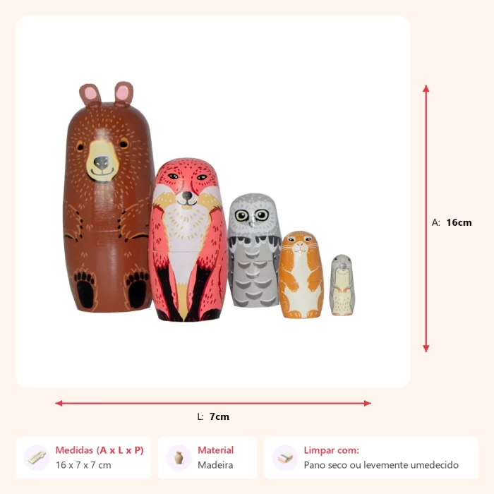 Jogo 5 matryoshkas silvestres 16x7x7cm - Imagem 2