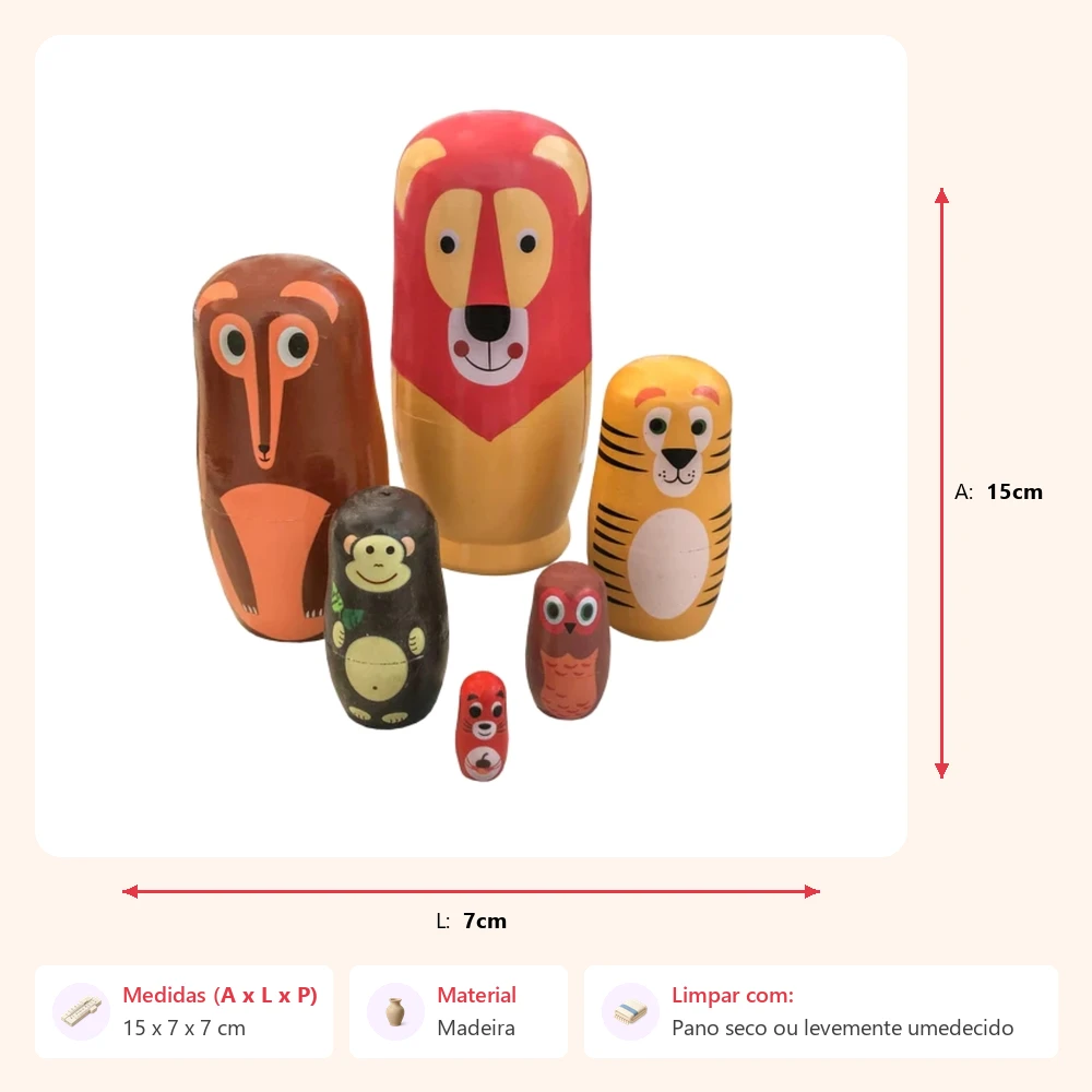 Jogo 6 matryoshkas floresta 15x7x7cm - Imagem 2