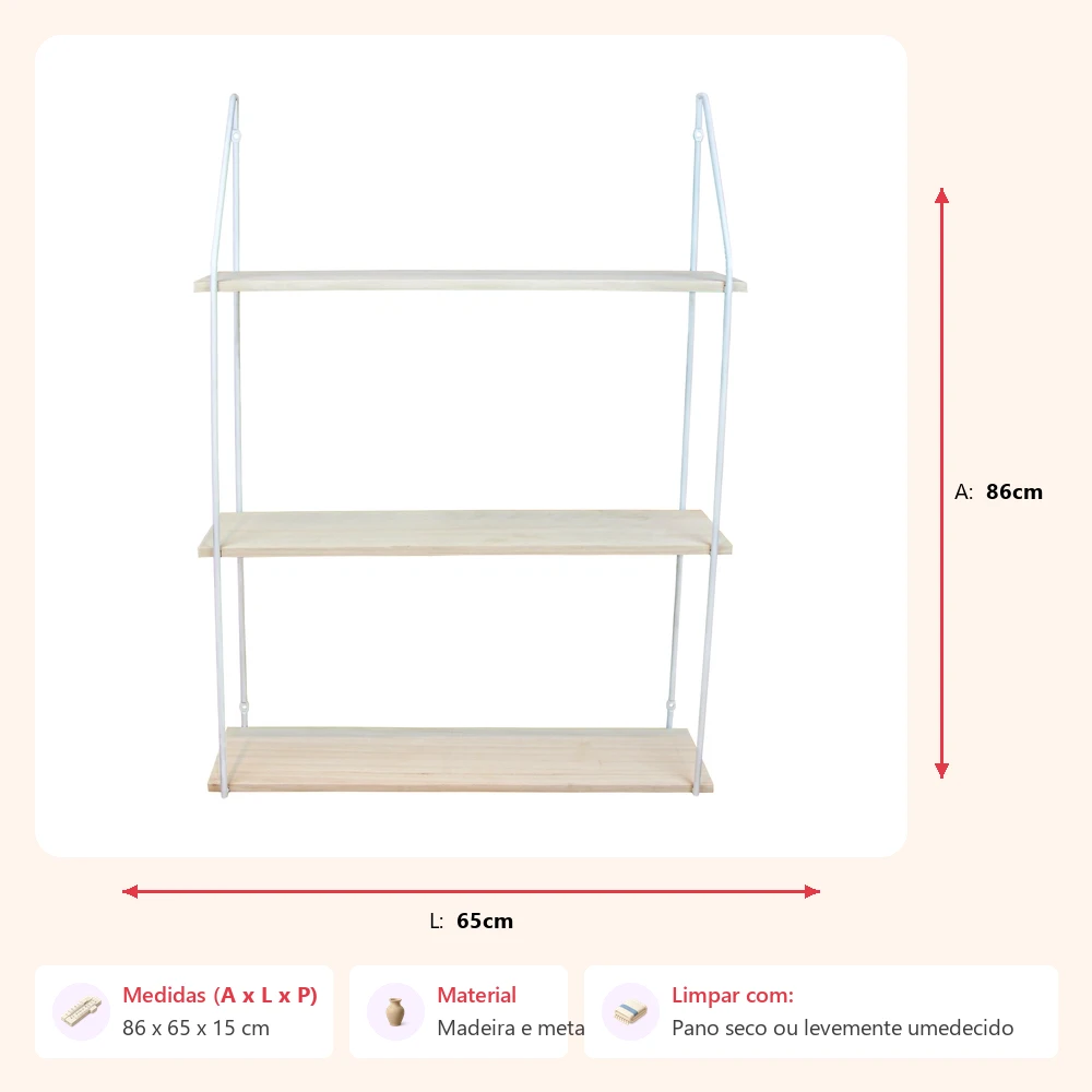 Prateleira 3 andares metal 86x65x15cm - Imagem 2