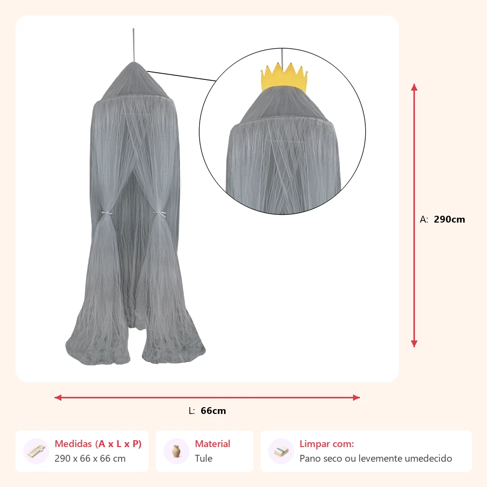 Dossel de tule princesa cinza 290x66x66cm - Imagem 2