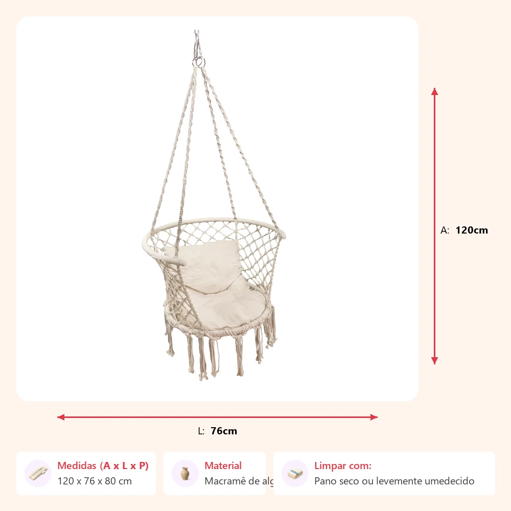 Poltrona macramê suspensa 120x76x80cm - Imagem 2