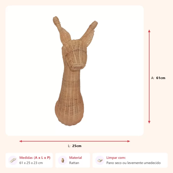 Cabeça girafa parede rattan 61x25x23cm - Imagem 2
