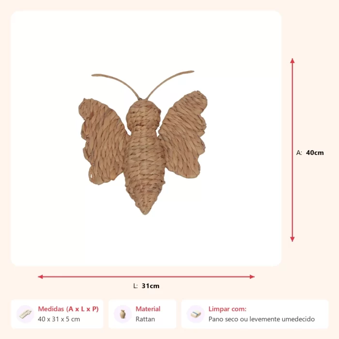 Borboleta parede rattan 40x31x5cm - Imagem 2