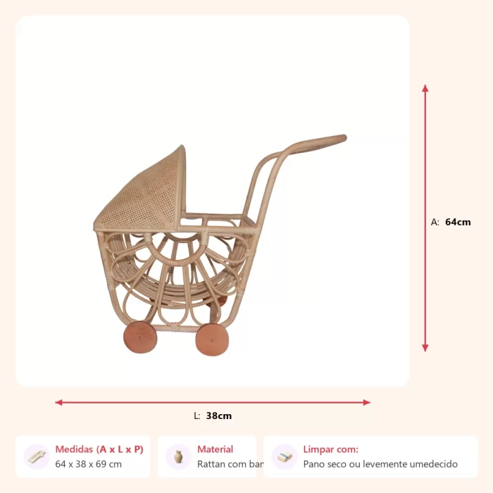 Carrinho de boneca rattan 64x38x69cm - Imagem 2