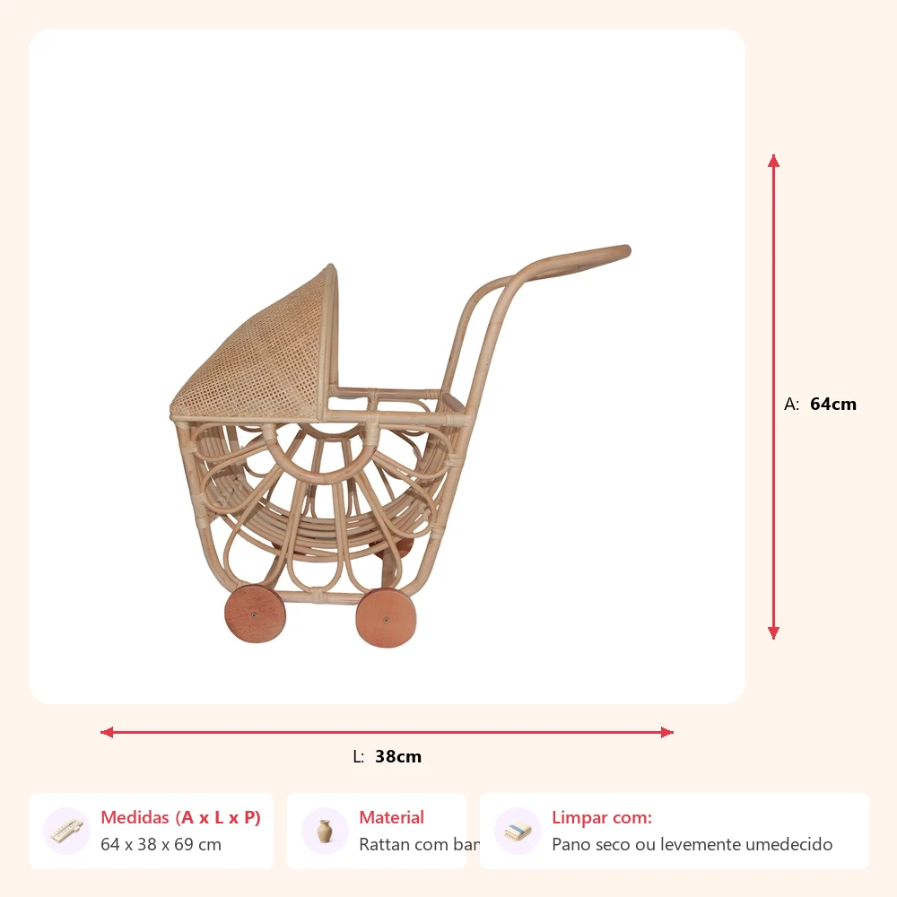 Carrinho de boneca rattan 64x38x69cm - Imagem 2