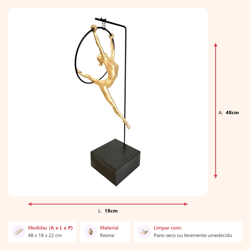 Escultura ginasta dourada na argola 48x18x22cm - Imagem 2