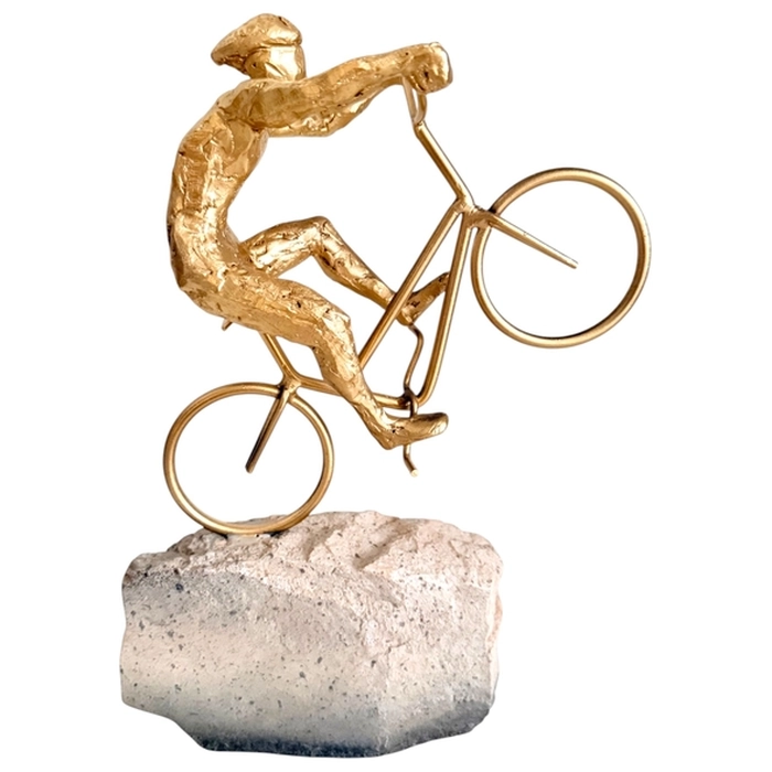 Escultura ciclista dourado na pedra 33x23x10cm